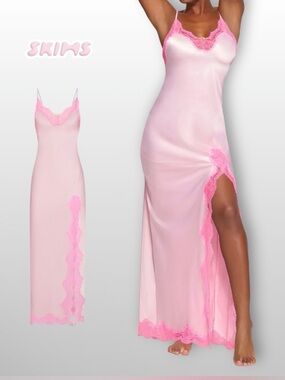 SKIMS Pink Satin & Lace Slip Dress RARE find